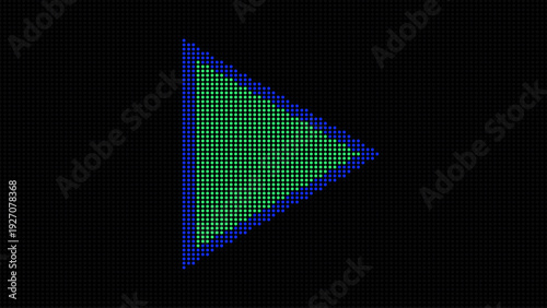 Futuristic digital start button featuring a vibrant green LED core surrounded by a blue dot matrix border. Duo tone palette set against a textured electronic screen background.