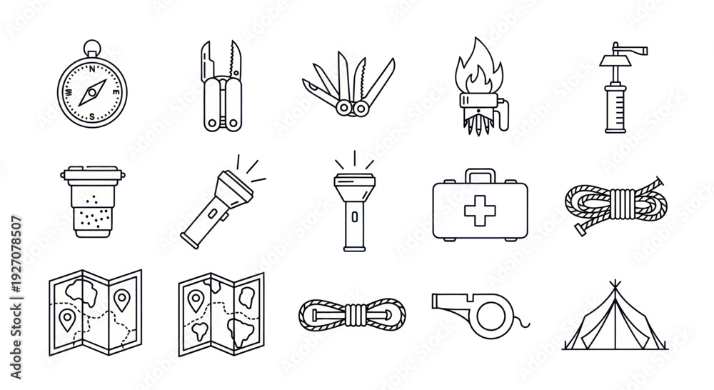 Fototapeta premium Camping and Hiking Gear Icons: Compass, Knife, Flashlight, Map, Tent, First Aid
