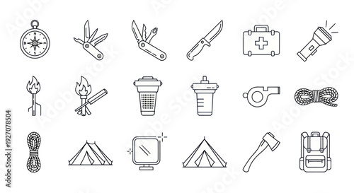 Camping and Hiking Gear Icons Set: Compass, Knife, Tent, Backpack, First Aid