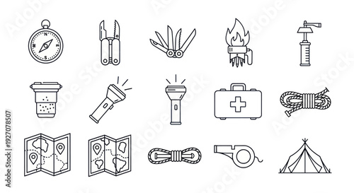 Camping and Hiking Gear Icons: Compass, Knife, Flashlight, Map, Tent, First Aid