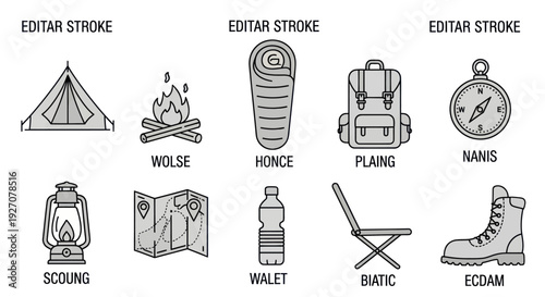 Camping and Hiking Gear Icons: Tent, Sleeping Bag, Backpack, Compass, Lantern
