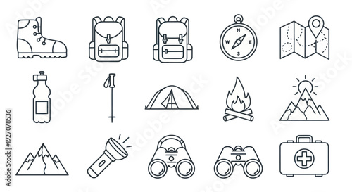 Camping and Hiking Icons: Backpack, Tent, Compass, Map, Boot, Fire, Mountains