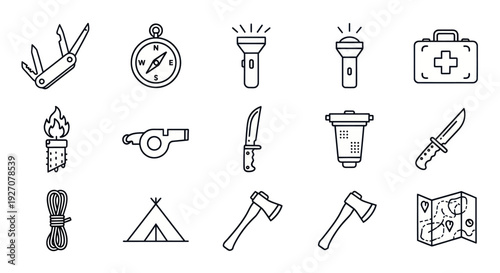 Camping and Survival Gear Icons: Knife, Compass, Tent, Axe, Map, Torch, Whistle, First Aid