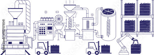 Lithium Battery Production Facility Vector Line Art – Modern Industrial Technology Manufacturing Plant, EV Battery Factory Infrastructure, Renewable Energy Storage Industry, Hand Drawn Black and White