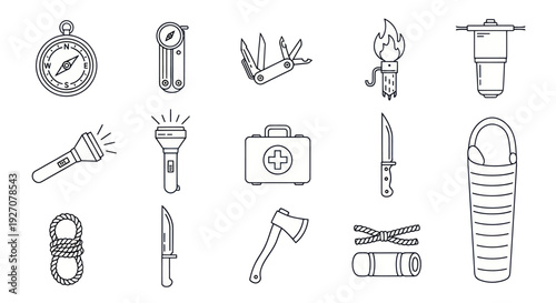 Camping and Survival Gear Icons: Compass, Knife, First Aid, Sleeping Bag
