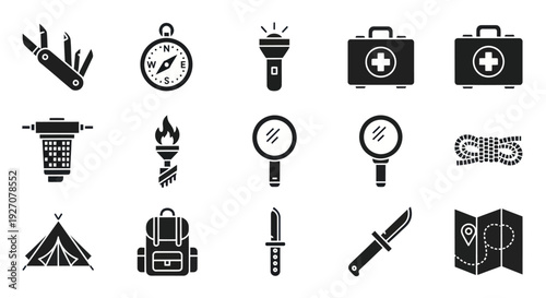 Camping and Survival Gear Icons: Tent, Backpack, Knife, Compass, First Aid