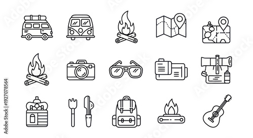 Camping and Travel Icons: Van, Map, Fire, Camera, Guitar, Backpack