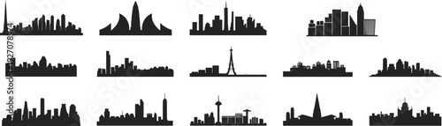 Famous global city skyline silhouettes, iconic urban landmarks, metropolitan skylines, world cityscapes, architectural silhouettes, urban horizon, landmark skylines collection.