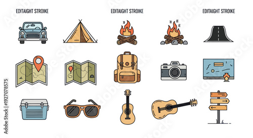Camping Gear Icons Set: Car, Tent, Campfire, Map, Backpack, Camera & Guitar