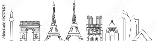 Famous Paris landmarks line art, Eiffel Tower sketch, Arc de Triomphe illustration, Notre Dame outline, modern city skyline, minimalist architecture, French cultural icon vector