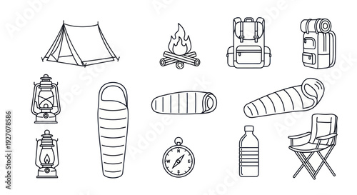 Camping Gear Icon Set: Tent, Backpacks, Sleeping Bags, Lanterns, Compass