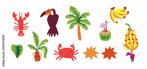 Colorful tropical icon and clipart set isolated on white