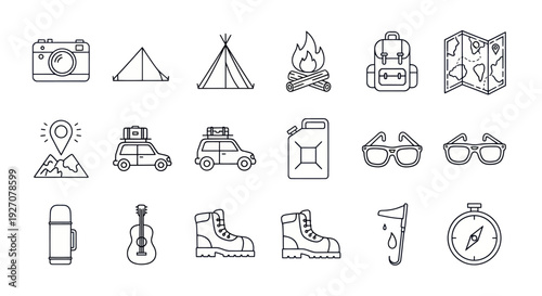 Camping and Travel Icons: Camera, Tent, Backpack, Car, Map, Fire, Guitar