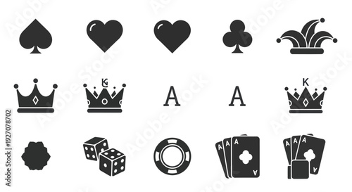 Casino Icons: Card Suits, Dice, Chips, Crown, Jester Hat, Ace