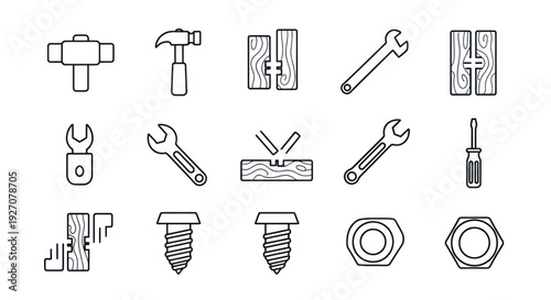 Carpentry Tools and Fasteners Icon Set: Hammer, Wrench, Screw, Nut, Wood Joint