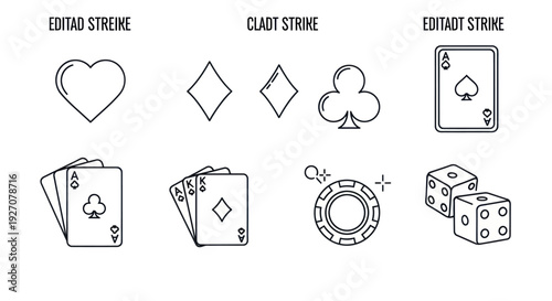 Casino Icons: Playing Cards, Dice, Chip, Poker Symbols Line Art