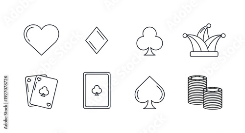 Casino icons: playing cards, chips, joker hat, suits - outline set