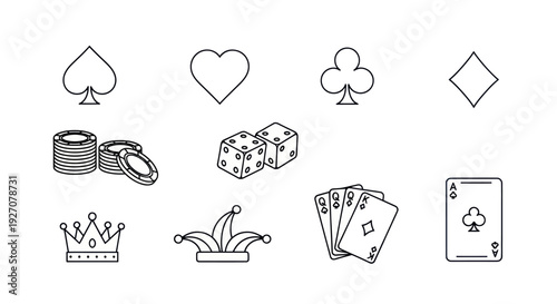 Casino Icons Set: Playing Cards, Dice, Chips, Crown, Jester Hat - Line Art
