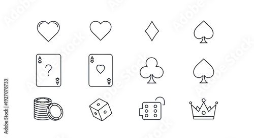 Casino Icons Set: Playing Cards, Dice, Chips, Crown, Lock