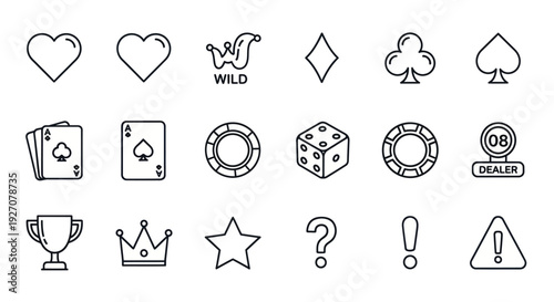 Casino Icons Set: Playing Cards, Dice, Chips, Trophy, Crown, Star, Question Mark