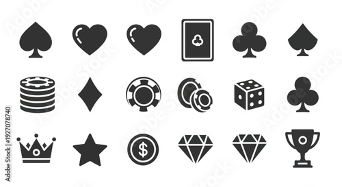 Casino Icons Set: Spades, Hearts, Clubs, Diamonds, Chips, Dice, Crown, Trophy