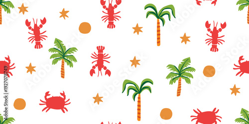 Seamless minimal lobster and crab pattern on white