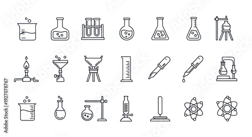 Chemistry Lab Equipment Icons Set: Beaker, Flasks, Test Tubes, Burner, Pipettes