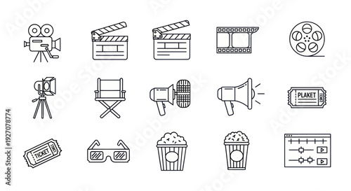 Cinema Icons: Film, Movie, Popcorn, Ticket, Camera, Clapperboard, 3D Glasses