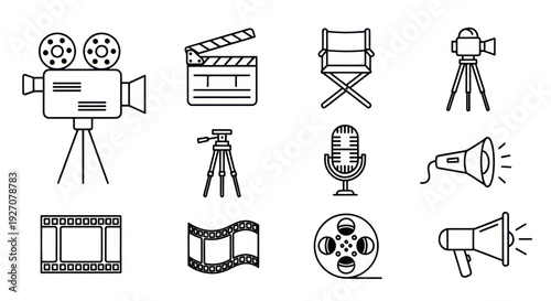 Cinema Icons Set: Film Camera, Clapperboard, Microphone, Megaphone, Tripod