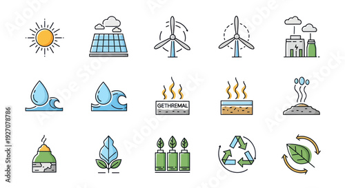 Clean Energy Icons: Renewable Resources, Sustainability & Ecology