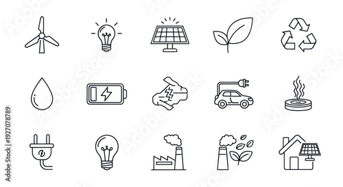 Clean Energy Icons Set: Renewable Power, Eco-Friendly Solutions & Sustainability