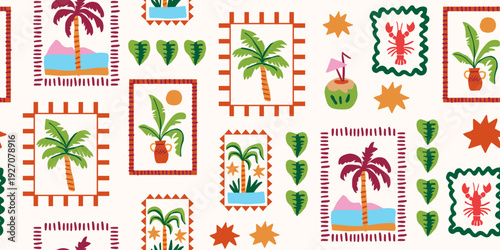 Seamless tropical postage stamp pattern with palms and lobster