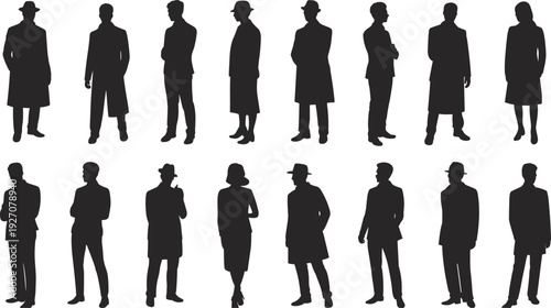 Fashion silhouettes, men and women, formal attire, stylish coats, standing poses, diverse fashion, professional look, trendy outfits, elegant, classic style, group photo