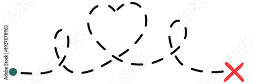 Treasure map with red cross mark and line dotted trail with heart shape. Quest route with love dashed path. Vector illustration isolated on white.