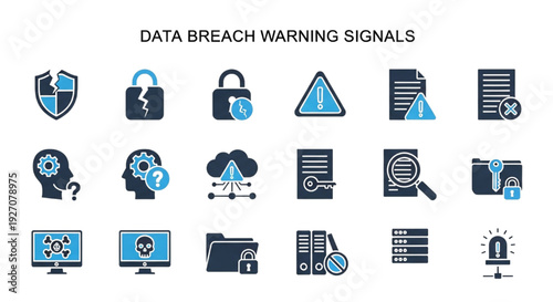 Digital security breach warning signals and cyber threat protection flat vector icons set
