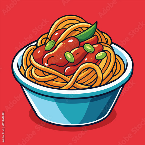 A cartoon illustration of spaghetti in a disposable bowl