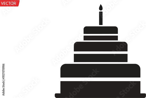 Black silhouette of a multitiered birthday cake with a single candle on top, vector illustration