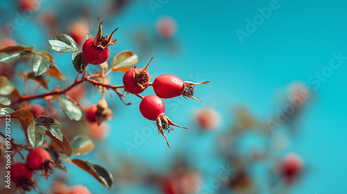 Beautiful spring border  blooming rose bush on a blue background. Flowering rose hips against the blue sky. Soft selective focus