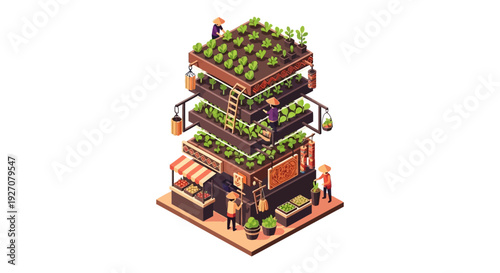 Vertical Farm Tower Isometric Illustration. Sustainable Urban Agriculture and Fresh Produce Market with Farmers.