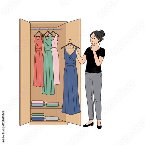Young woman choosing elegant evening dress in wardrobe with colorful gowns at home interior, concept of fashion decision and preparation for special event