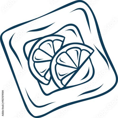 French square puff pastry with lemon, simple doodle style and sketch with blue lines. Hand-drawn pastry illustration for bakery menus or patisserie branding