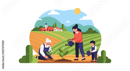 Family Gardening: Three Generations Planting and Watering Seedlings in a Rural Farm Landscape. Agricultural Sustainability Vector.