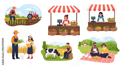 Flat Illustration Set of Farmers and Agriculture Scenes: Harvesting Crops, Tending Livestock, and Selling Fresh Produce at Local Market Stalls