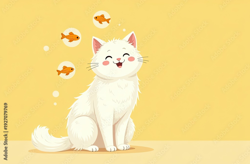 Obraz premium Cat dreams of fish food ? creative yellow poster, fish icons in circles, space for advertising text, pet food marketing.