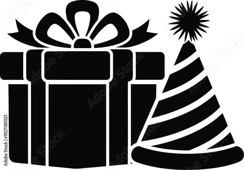 Black gift box and party hat on isolated vector illustration