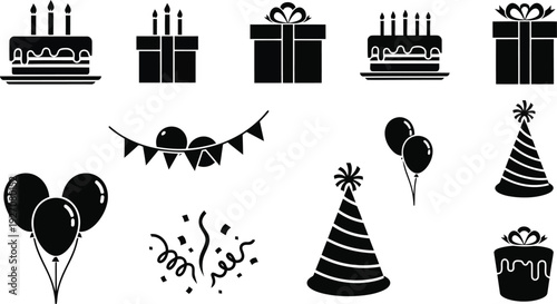 Collection of black birthday icons on isolated vector illustration