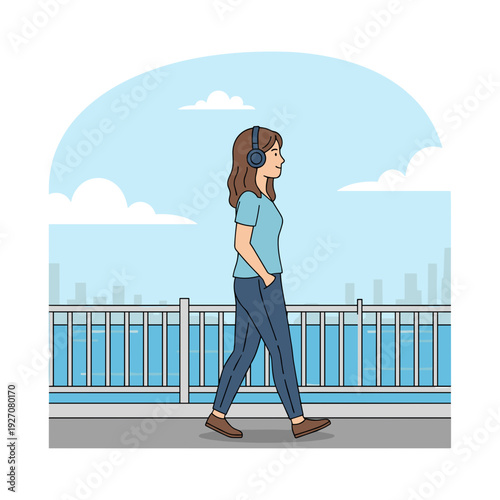 Young woman walking along waterfront promenade with headphones and city skyline, concept of healthy lifestyle and enjoying music outdoors