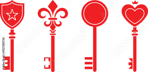Four stylized keys each featuring a distinct emblematic symbol on their bows
