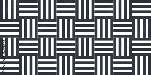 Minimal line Seamless geometric pattern with shapes. Decoration and maze ornament square overlap grey and white stripes wall tile.