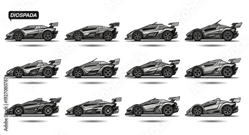 Collection of race cars in grayscale, showcasing speed and design variations.